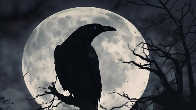 video of Solitary Raven Perches on a Branch Silhouetted Against a Full Moon Evoking a Sense of Gothic Mystery and the Enchantment of the Night