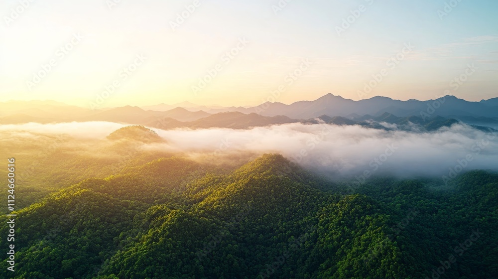 Poster morning light casts a serene glow over a lush jungle, with mist cascading around towering mountains,