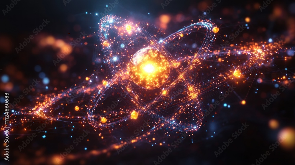 Poster abstract representation of an atom with glowing particles.