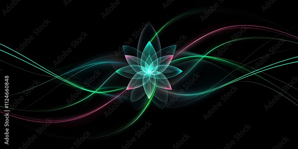 Poster vibrant abstract design featuring neon flow lines with floral patterns on a dark background