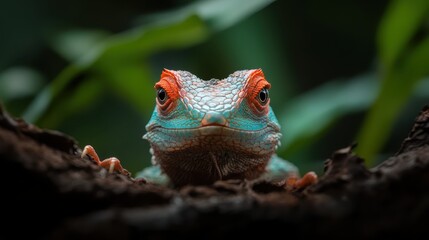 A front-facing lizard showcases its vivid and textured skin, set against a backdrop of natural greenery, capturing a detailed look into reptilian beauty.
