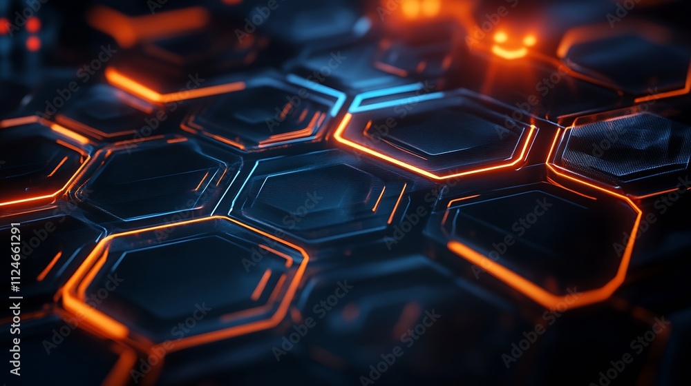 Poster High-Tech Neon Orange Blue Hexagonal Grid Network Background : Generative AI