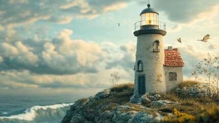 Obraz premium A romantic lighthouse with a sea view, where a couple can spend an evening, watching soft waves a