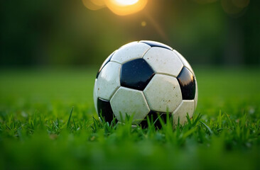 Fototapeta premium Soccer ball lying on green grass on football field, close up. AI Generative