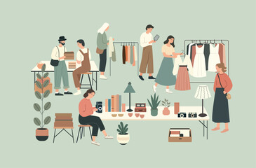  flea market scene featuring cartoon-style characters, showcasing the sale of second-hand items in a flat vector illustration. Perfect as a banner or backdrop design for promoting second-hand 