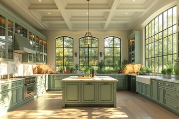 Sunlit green kitchen with large windows, island, and coffered ceiling.
