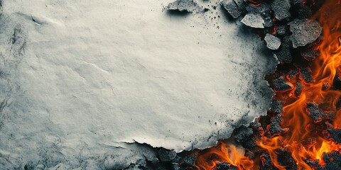 A disintegrating paper with edges burning away and fragments turning to ash, space for text.