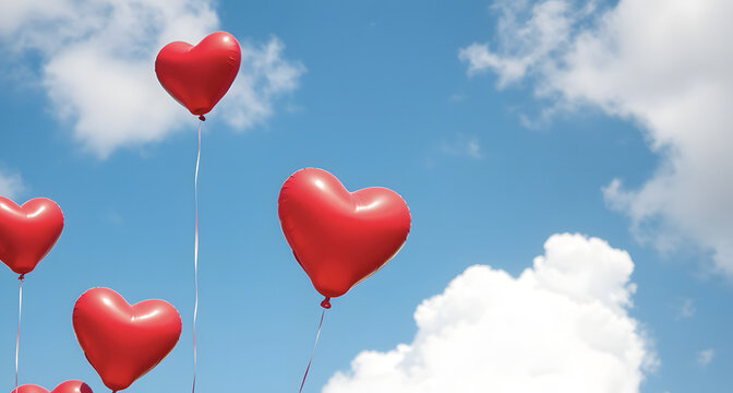 Red heart balloons against a bright blue sky with fluffy clouds.