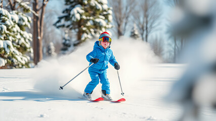 Skiing boy in ski mask, helmet on mountain slope at winter holiday. Kid skier enjoying having fun descends a mountain in winter forest landscape. Outdoor sports, kid family seasonal holiday