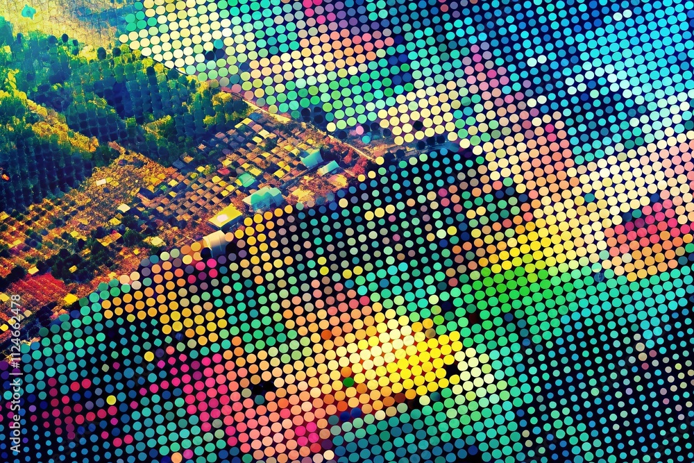 Poster aerial view of bitmap pattern with pixel texture featuring dotted gradient in retro style, abstract 