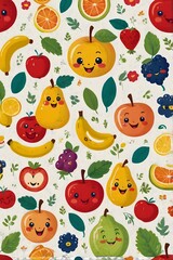 Naklejka premium Colorful Kawaii Fruit Patterns With Smiling Faces And Leaves