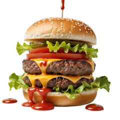 Juicy double cheeseburger stacked with fresh vegetables, dripping with ketchup on a sesame seed bun