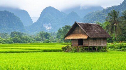 Fototapeta premium Green Rice Fields with Small Wooden Hut Under Cloudy Sky