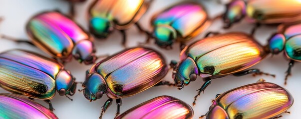 Obraz premium Beetle shells with iridescent hues, reflecting light in surreal patterns