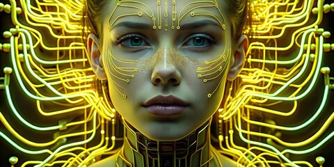 Innovative algorithmic art featuring a female subject with neon circuitry design on her face and neck in a futuristic setting