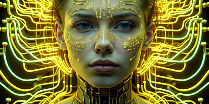 Innovative algorithmic art featuring a female subject with neon circuitry design on her face and neck in a futuristic setting