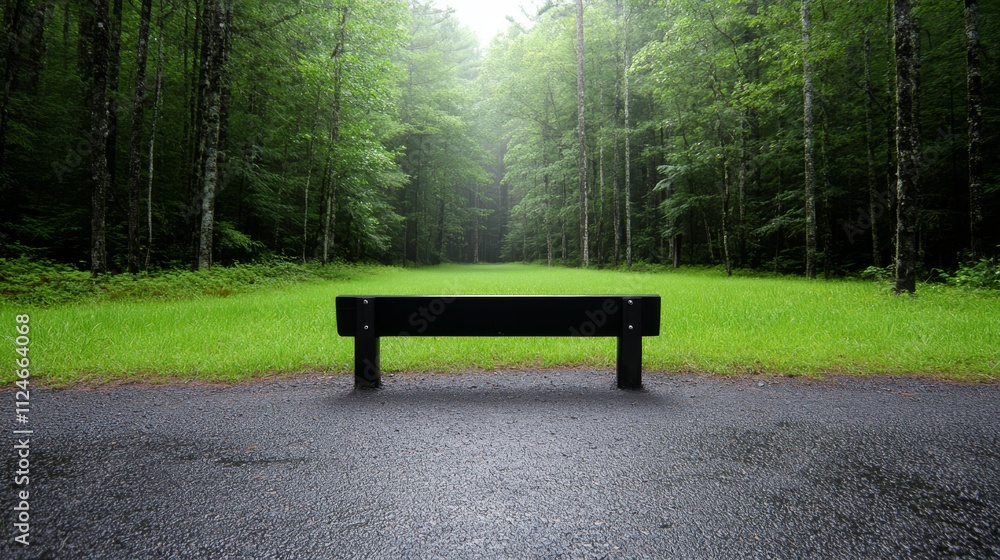 Poster an empty park bench sits on a damp path, framed by a misty forest. soft light filters through the tr