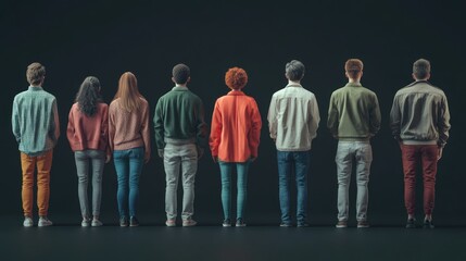 A row of different people standing with their backs on a black background. cancel culture concept.