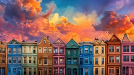 Fototapeta premium A row of colorful buildings with a colorful sky in the background