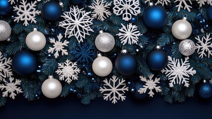 A beautifully decorated navy blue Christmas tree features shimmering silver and white ornaments, enhancing the festive atmosphere of the room