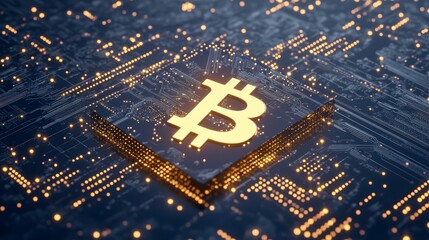 Golden Bitcoin on Circuit Board  Cryptocurrency Technology