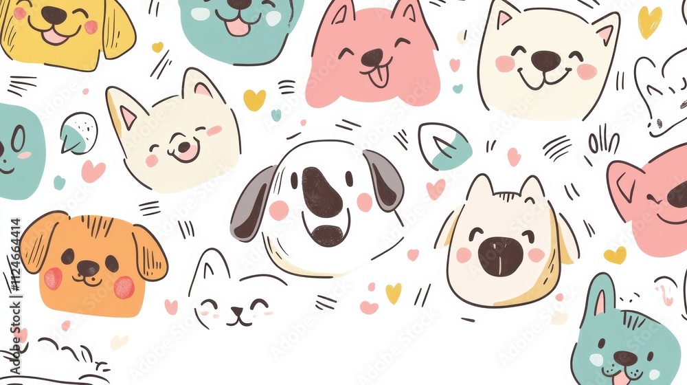 Aufkleber Colorful doodle pattern showcases playful dog faces in a fun style, perfect for adding personalized text or messages. Generative AI
