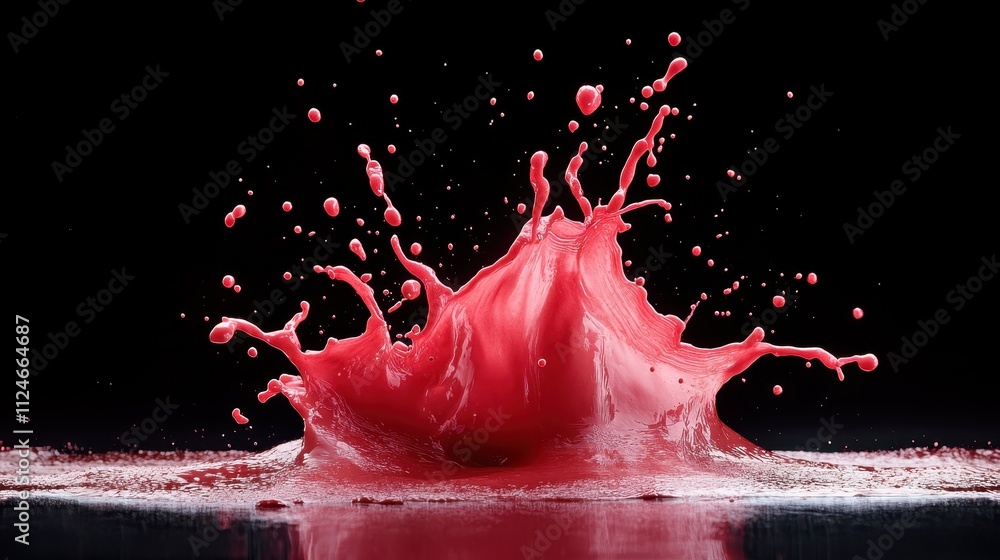Poster the image depicts a stunning splash of red liquid captured mid-motion against a dark background, hig