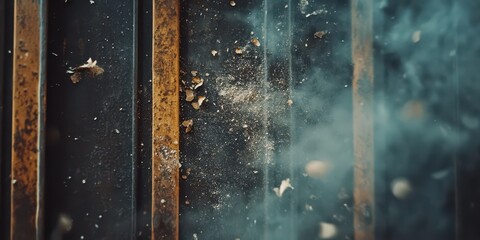 A metal door rusting away, with flakes peeling off and dissolving into dust, space for text.
