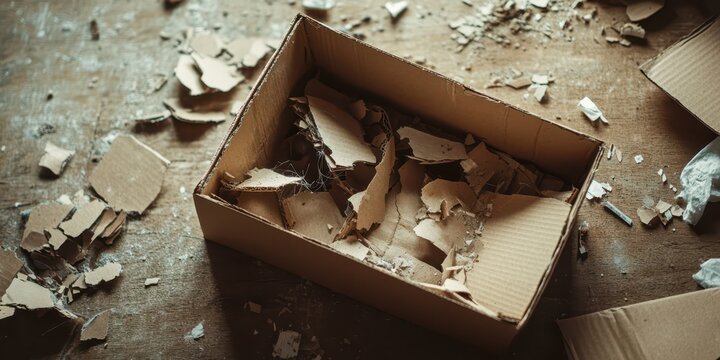 A brittle cardboard box breaking apart and disintegrating into fragments, space for text.