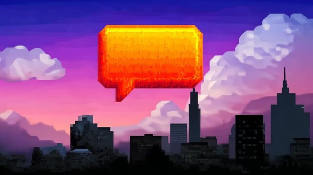 Pixel art speech bubble rising over growing city skyline