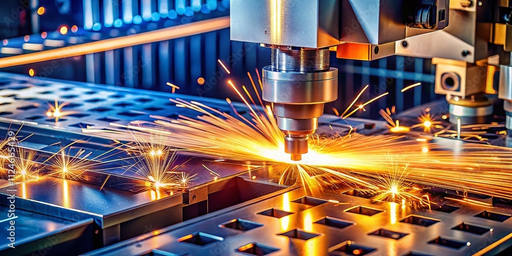 Aufkleber aerial view of cnc laser cutting machine processing sheets of iron into precision parts in a modern 