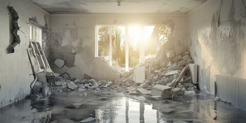 A flooded house with walls disintegrating and turning into rubble, space for text.