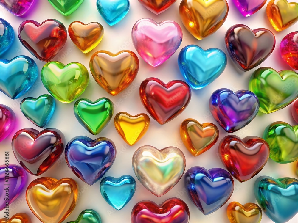 Poster aerial view of colorful glass hearts pulsating against a white background in endless 4k resolution c