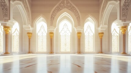 Fototapeta premium Elegant Islamic Interior with Engraved Pillars and Light