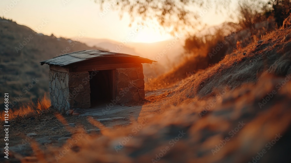 Poster cave entrance nestled in a rugged mountainous area, illuminated by natural light with a dramatic sun