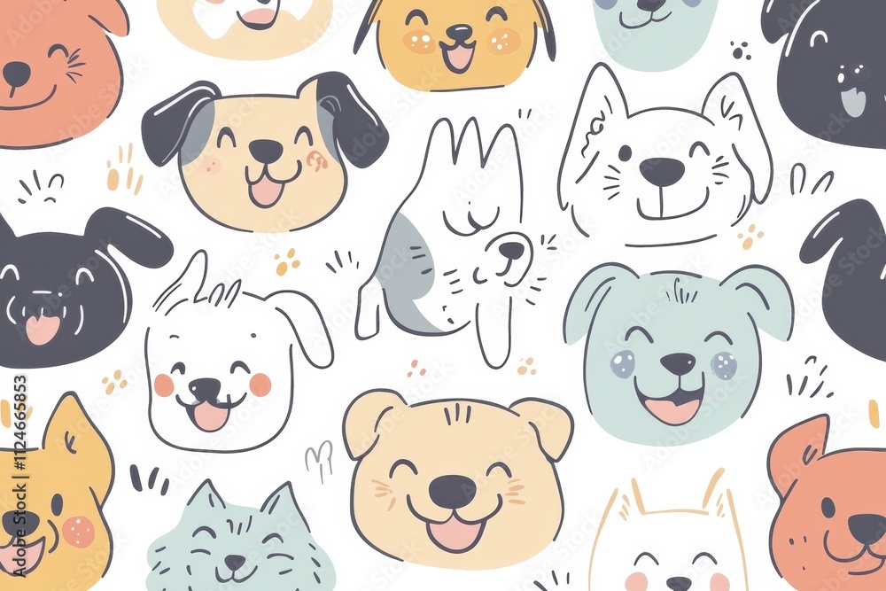 Poster colorful doodles show cheerful dog faces in various styles, providing ample room for adding personal