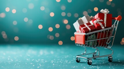 A mini shopping cart overflowing with wrapped gift boxes sits prominently against a teal background adorned with festive bokeh lights, embodying holiday cheer.