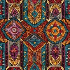 multi colored decorated hand draw rendered traced ornamental all over base background repeat pattern geometrical texture border ethnic tribal creative Generative AI 