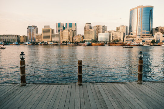 Skyline view of Dubai Creek at sunset
