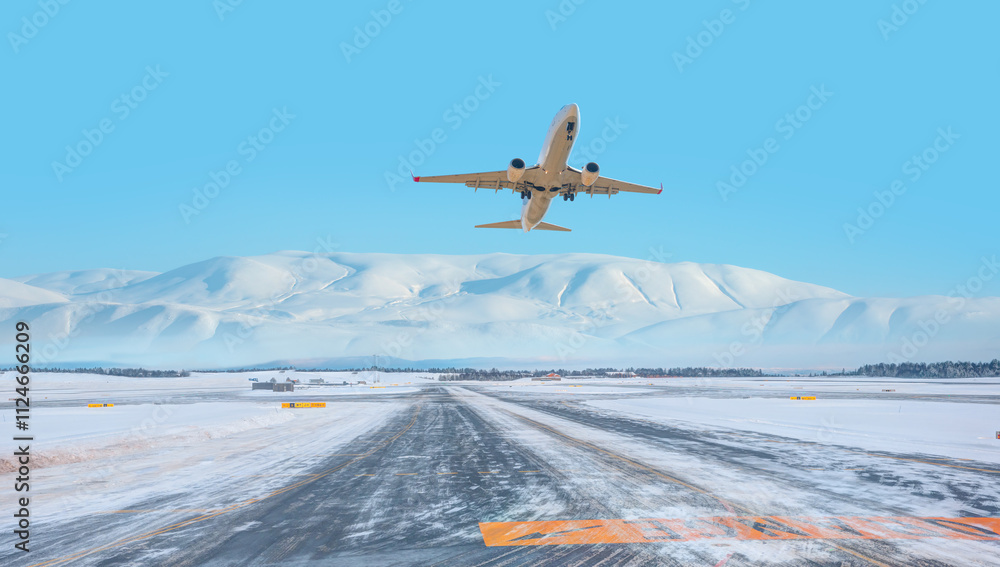 Wall mural Passenger airplane fly up over take-off runway snowy mountains in the background - Snow-covered airport - Norway