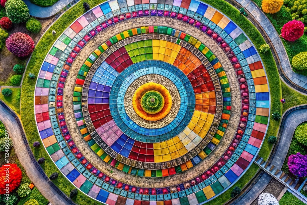 Poster aerial view of colorful vector circle pattern creating a vibrant mosaic design in a modern abstract 