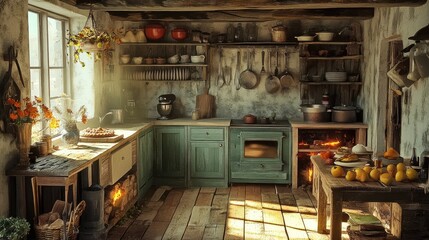 A rustic farmhouse kitchen filled with the scent of apple pie and the sound of crackling fire.