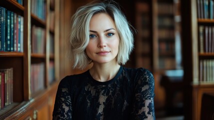 A confident woman with short blonde hair poses elegantly in a library, wearing a stylish lace black dress, reflecting sophistication, intelligence, and timeless beauty.
