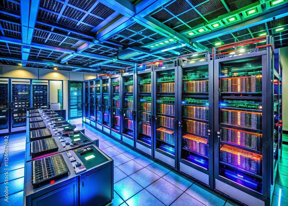 Poster aerial view of data network server cabinet in a high-tech computer room with diagnostic testing equi