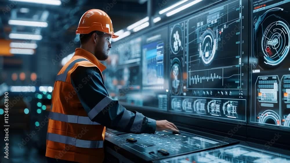 Poster industrial engineer wearing a hardhat and safety vest is using a computer with a digital interface t
