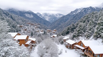 A stunning aerial perspective showcases wooden houses blanketed in snow, with towering mountains and lush forests enveloping the village below