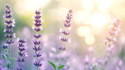 A field of lavender flowers in soft focus with a warm, pink sunset in the background.