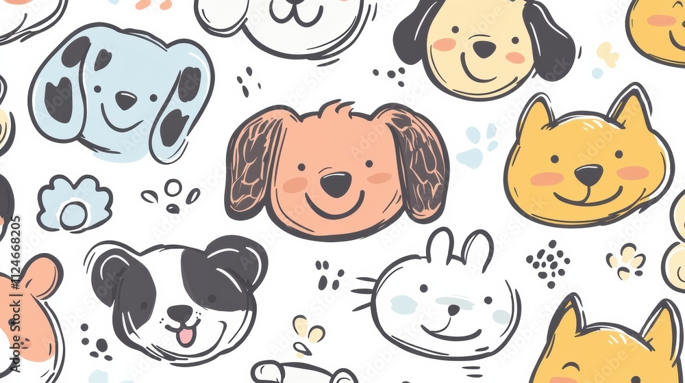 Poster colorful doodle-style pattern featuring diverse dog faces and empty space, perfect for adding person