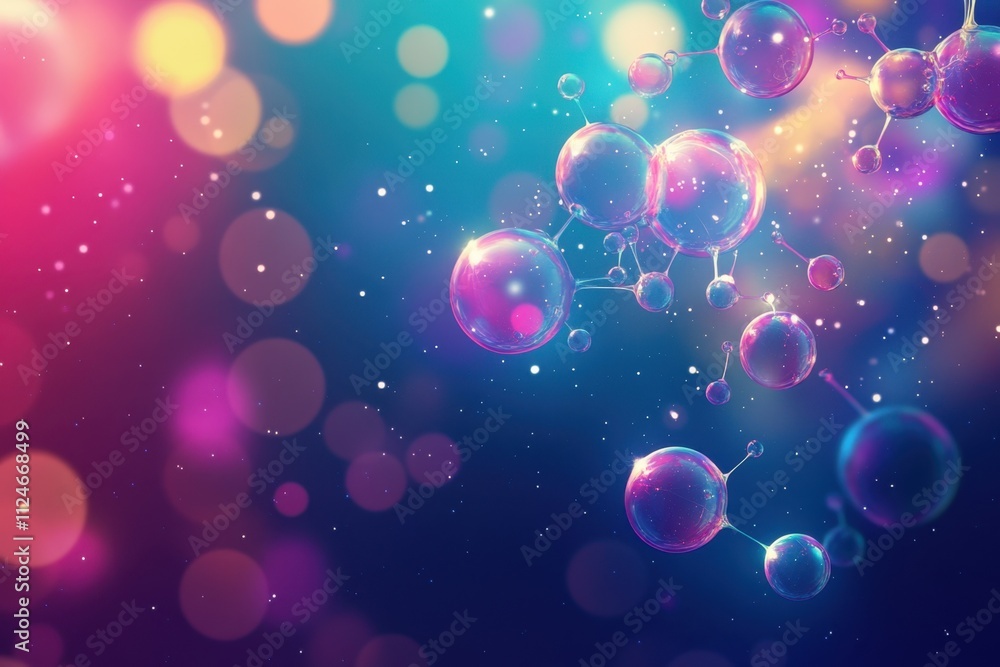 Poster colorful abstract representation of molecules with luminous bokeh background