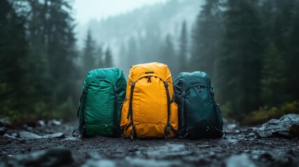Three multicolored backpacks are neatly aligned in a misty forest. The atmosphere suggests an adventurous or hiking mood in the serene, damp wilderness.